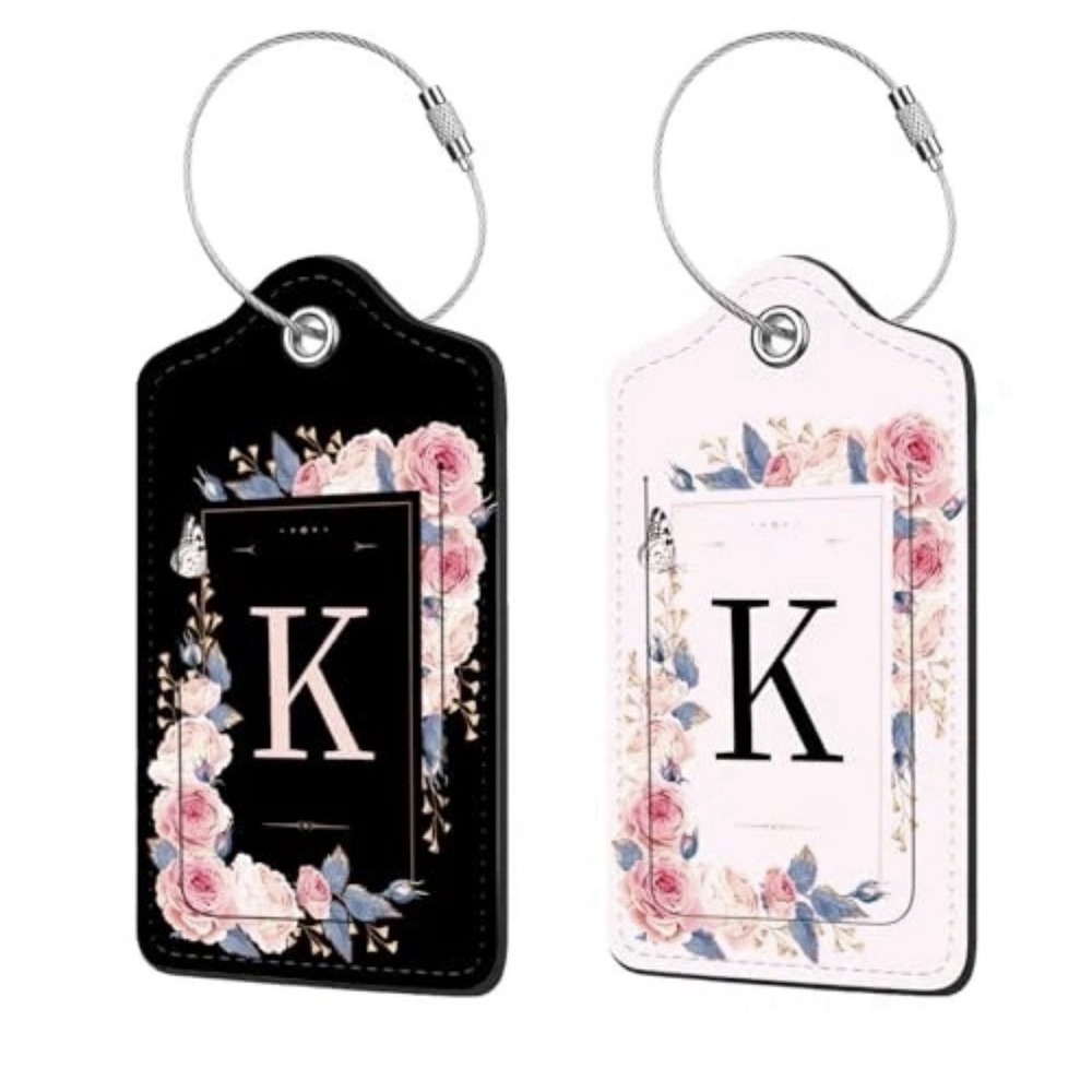 2 Pc Leather Luggage Tag for Suitcases with Privacy Shield Letter K Pink & Black